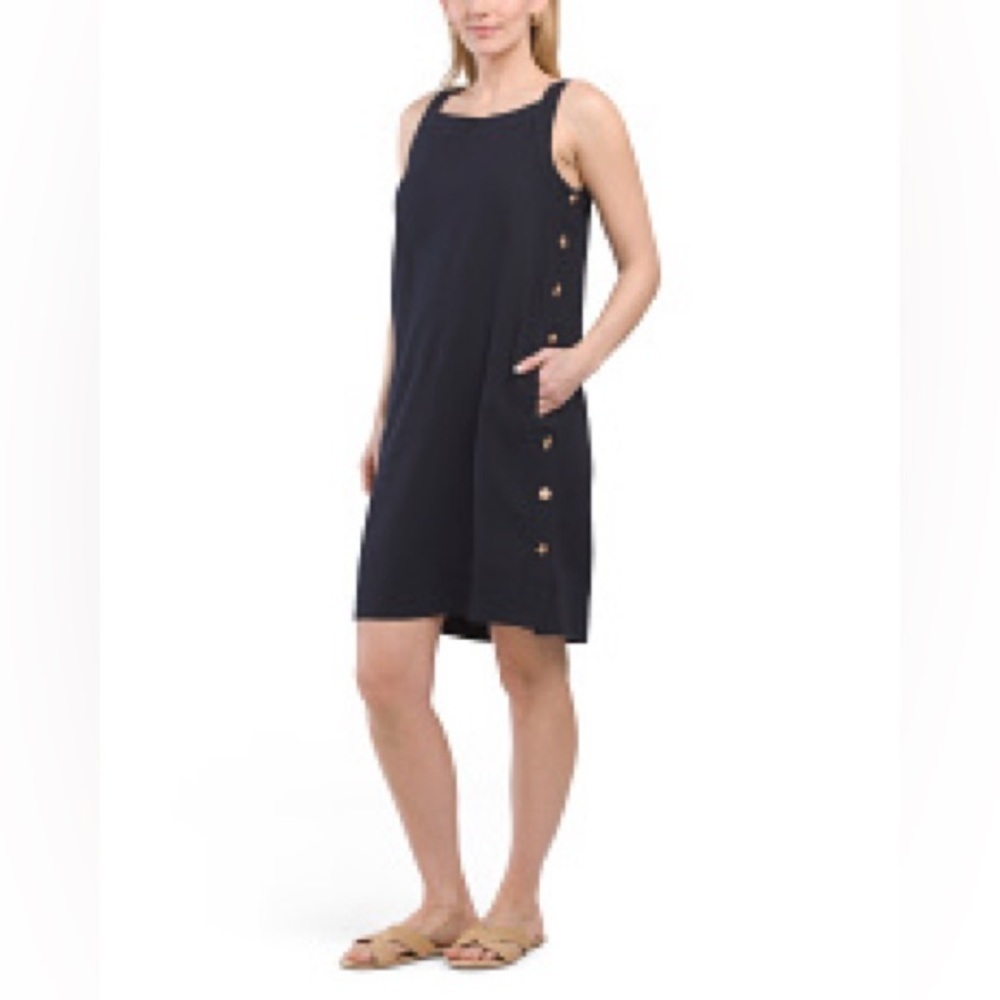 For Cynthia Navy Linen Blend Tank shift dress pockets M